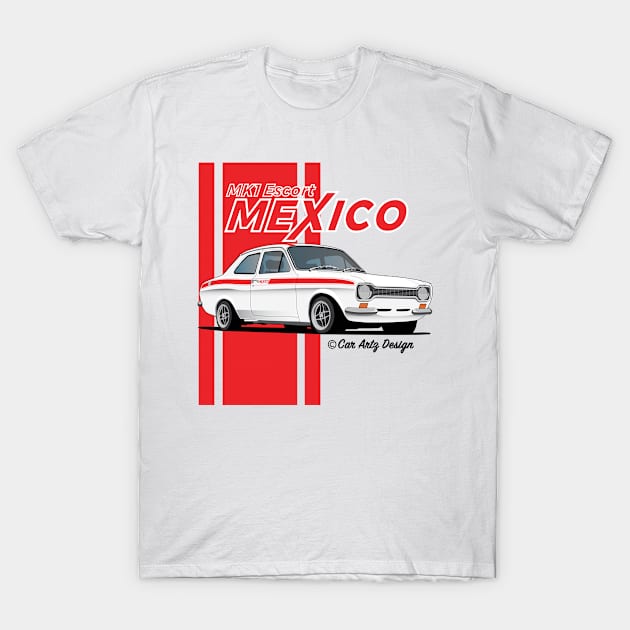 Mk1 Escort Mexico (White + Red) T-Shirt by Car-Artz-Design